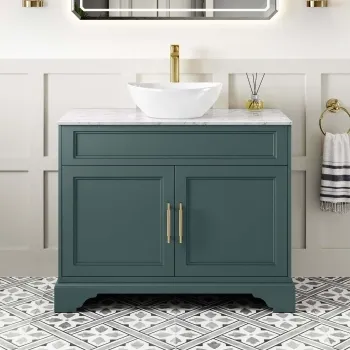 Lucia Midnight Green Vanity with Marble Top & Oval Counter Top Basin 1030mm - Brass Knurled Handles
