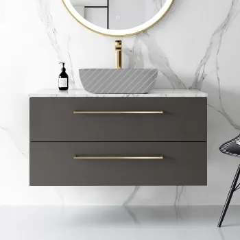 Elba Graphite Grey Wall Hung Drawer Vanity 1000mm Excludes Counter Top Basin - Brushed Brass Accents