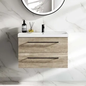 Elba Dawn Oak Wall Hung Basin Drawer Vanity 800mm - Black Accents