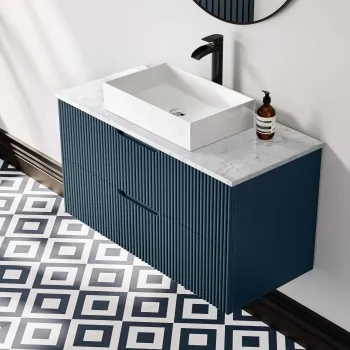 Crete Fluted Navy Blue Wall Hung Drawer Vanity with Marble Top & Cody Basin 1000mm