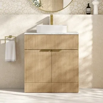 Havana Fluted Country Oak Cabinet with Marble Top & Marin Basin 800mm - Brushed Brass Accents