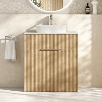 Havana Fluted Country Oak Cabinet with Marble Top & Reno Basin 800mm - Chrome Handles