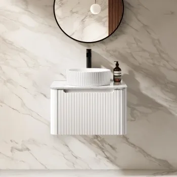 Sorrento Fluted Coastal White Wall Hung Drawer Vanity with Marble Top & Nevis Basin 600mm