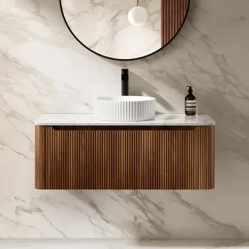 Sorrento Fluted Black Walnut Wall Hung Drawer Vanity with Marble Top & Nevis Basin 1000mm