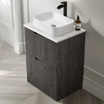 Crete Fluted Charcoal Elm Vanity Drawer with Marble Top & Marin Basin 600mm