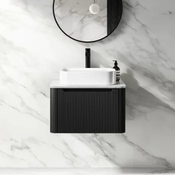 Sorrento Fluted Matt Black Wall Hung Drawer Vanity with Marble Top & Marin Basin 600mm