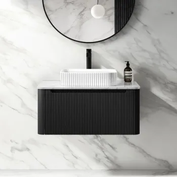 Sorrento Fluted Matt Black Wall Hung Drawer Vanity with Marble Top & Reno Basin 800mm