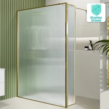 Munich Fluted Effect Brushed Brass 8mm Wet Room Shower Glass 1400mm & 250mm Pivotal Return Panel