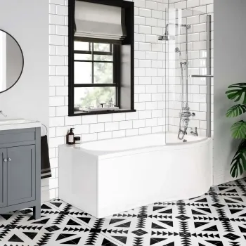 P Shaped 1600 Shower Bath with Front Panel & 6mm Easy Clean Screen with Rail - Right Handed