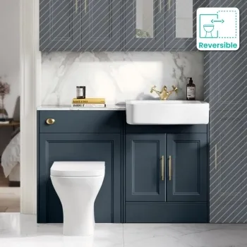 Monaco Inky Blue Combination Vanity Basin with Marble Top & Atlanta Toilet 1200mm - Brass Knurled Handles