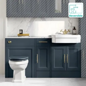 Monaco Inky Blue Combination Vanity Traditional Basin with Marble Top & Hudson Toilet with Wooden Seat 1500mm - Brass Knurled Handles