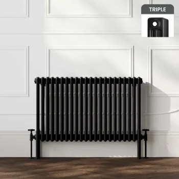 Athens Matt Black Triple Column Horizontal Traditional Radiator 600x1010mm