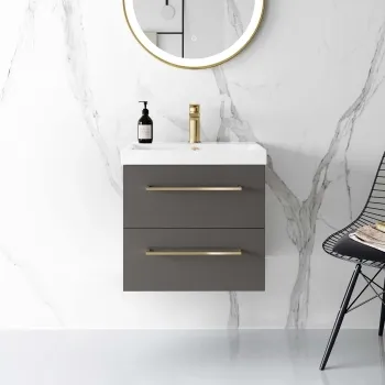 Elba Graphite Grey Wall Hung Basin Drawer Vanity 500mm - Brushed Brass Accents