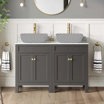 Bermuda Graphite Grey Cabinet with Marble Top 1200mm Excludes Counter Top Basins - Brushed Brass Accents