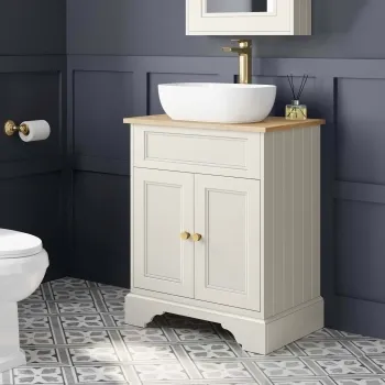 Lucia Chalk White Vanity with Oak Effect Top & Curved Counter Top Basin 640mm - Brushed Brass Accents