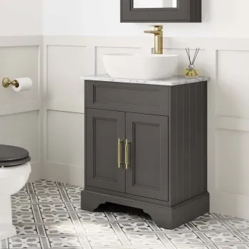 Lucia Graphite Grey Vanity with Marble Top & Curved Counter Top Basin 640mm - Brass Knurled Handles