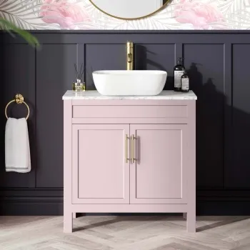 Bermuda Cashmere Pink Vanity with Marble Top & Curved Counter Top Basin 800mm - Brass Knurled Handles