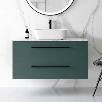 Elba Midnight Green Wall Hung Drawer Vanity with Marble Top & Curved Counter Top Basin 1000mm - Black Accents