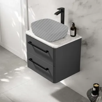 Omaha Slate Grey Wall Hung Drawer Vanity with Marble Top 600mm (Excludes Counter Top Basin) - Black Accents
