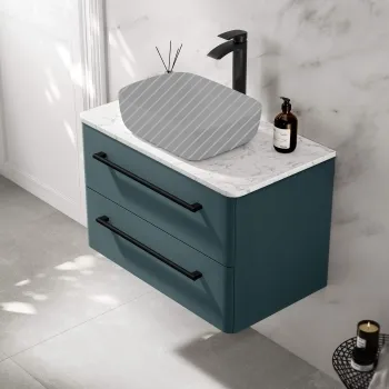 Omaha Mystic Green Wall Hung Drawer Vanity with Marble Top 800mm (Excludes Counter Top Basin) - Black Accents