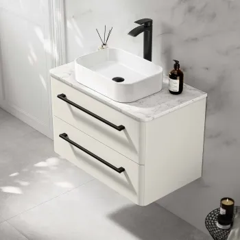 Omaha Linen White Wall Hung Drawer Vanity with Marble Top & Marin Basin 800mm - Black Accents