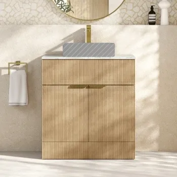 Havana Fluted Country Oak Cabinet with Marble Top 800mm (Excludes Counter Top Basin) - Brushed Brass Accents
