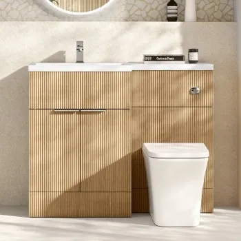 Havana Fluted Country Oak Combination Vanity Basin and Houston Toilet 1100mm - Chrome Handles - Left Handed