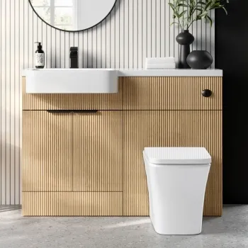 Sicily Fluted Country Oak Combination Vanity Basin and Houston Toilet 1200mm - Black Accents - Left Handed