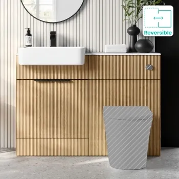 Sicily Fluted Country Oak Basin Vanity with Marble Top & Back To Wall Unit 1200mm (Excludes Toilet) - Black Accents