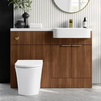 Sicily Fluted Black Walnut Combination Vanity Basin and Tucson Toilet 1200mm - Brushed Brass Accents - Right Handed