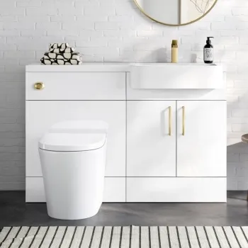 Harper Gloss White Combination Vanity Basin and Boston Toilet 1200mm - Brushed Brass Accents - Right Handed