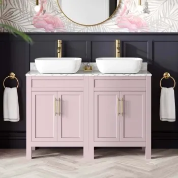 Bermuda Cashmere Pink Vanity with Marble Top & Curved Counter Top Basin 1200mm - Brass Knurled Handles