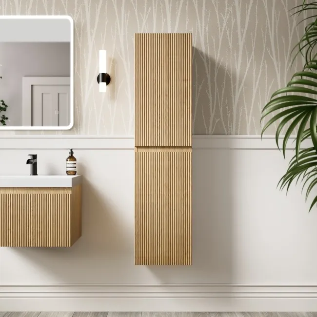 Malta Fluted Country Oak Wall Hung Tall Cabinet 1400x350mm