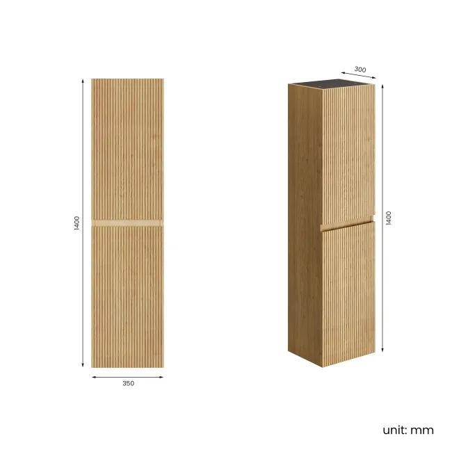 Malta Fluted Country Oak Wall Hung Tall Cabinet 1400x350mm