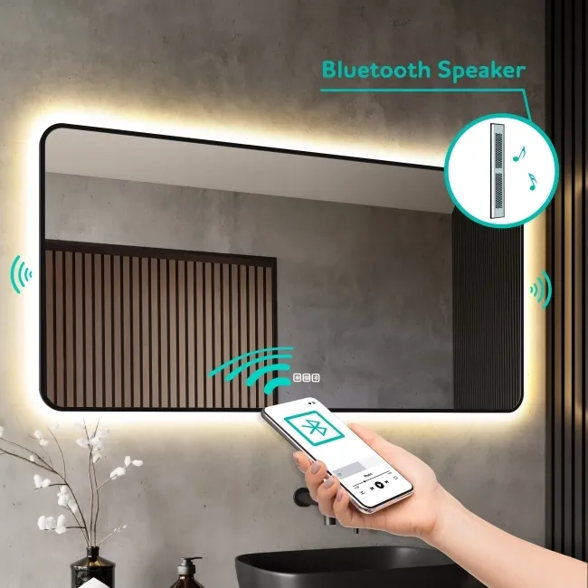 Mila Black Framed Backlit Illuminated LED Mirror With BLUETOOTH Speaker 600x1000mm