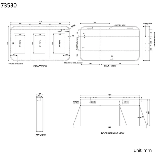 Willow Illuminated LED Mirror Cabinet With BLUETOOTH Speaker & USB Port 700x1200mm