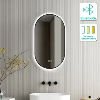 Ada Pill Black Framed Backlit Illuminated LED Mirror With BLUETOOTH Speaker 900x500mm