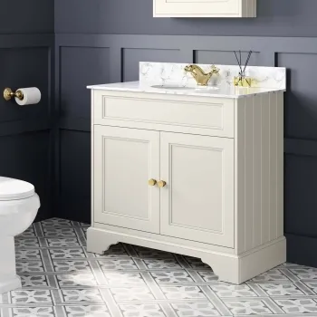 Lucia Chalk White Vanity with Marble Top & Undermount Basin 830mm - Brushed Brass Accents
