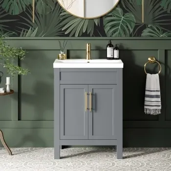 Bermuda Dove Grey Basin Vanity 600mm - Brass Knurled Handles