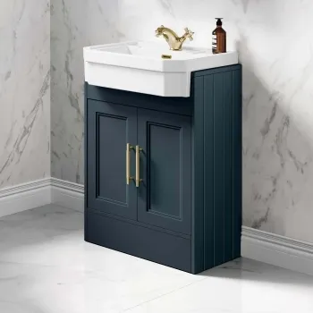 Monaco Inky Blue Traditional Basin Vanity 600mm - Brass Knurled Handles