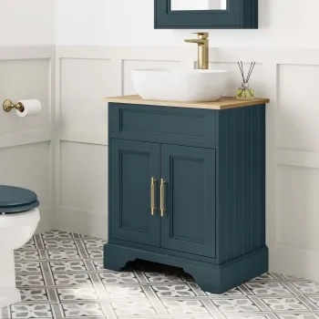 Lucia Inky Blue Vanity with Oak Effect Top & Curved Counter Top Basin 640mm - Brass Knurled Handles