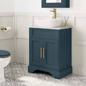 Lucia Inky Blue Vanity with Marble Top & Curved Counter Top Basin 640mm - Brass Knurled Handles