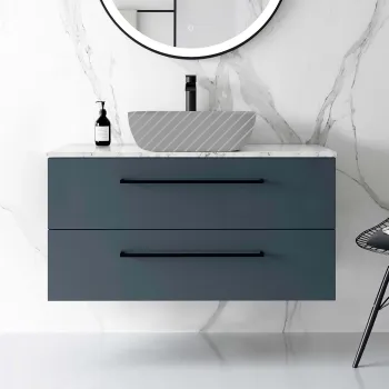 Elba Inky Blue Wall Hung Drawer Vanity 1000mm Excludes Counter Top Basin - Black Accents