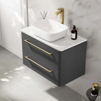 Omaha Slate Grey Wall Hung Drawer Vanity with Marble Top & Curved Counter Top Basin 800mm - Brushed Brass Accents