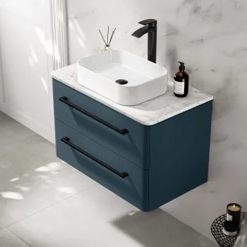 Omaha Navy Blue Wall Hung Drawer Vanity with Marble Top & Marin Basin 800mm - Black Accents