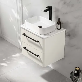 Omaha Linen White Wall Hung Drawer Vanity with Marble Top & Marin Basin 600mm - Black Accents