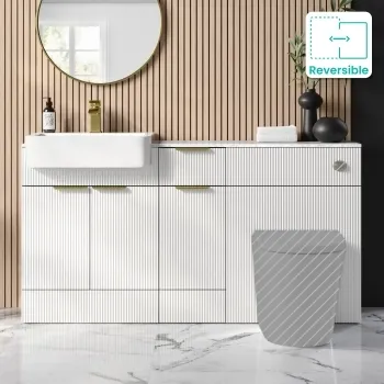 Sicily Fluted Coastal White Combination Vanity Basin with Marble Top 1500mm (Excludes Toilet) - Brushed Brass Accents