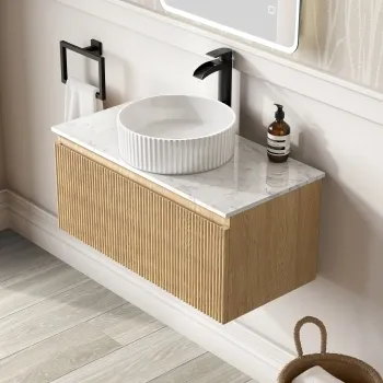 Malta Fluted Country Oak Wall Hung Drawer Vanity with Marble Top & Nevis Basin 800mm
