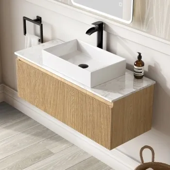 Malta Fluted Country Oak Wall Hung Drawer Vanity with Marble Top & Cody Basin 1000mm