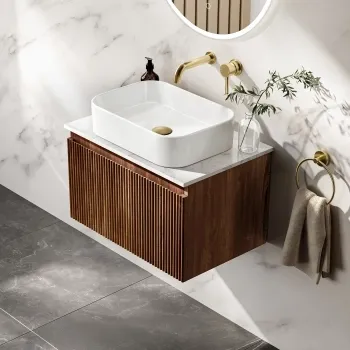 Malta Fluted Black Walnut Wall Hung Drawer Vanity with Marble Top & Marin Basin 600mm